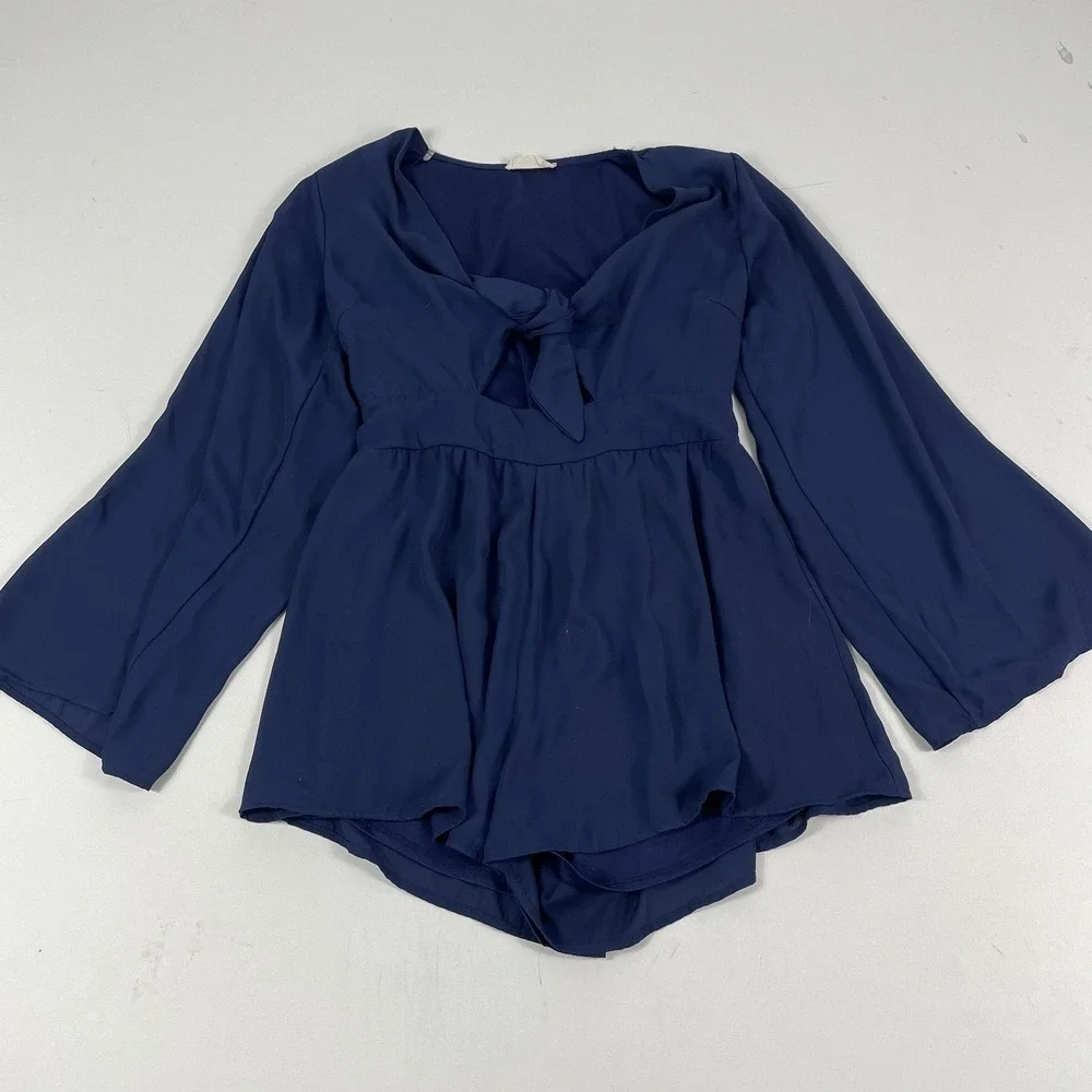 Altar'd State Romper Womens Medium Blue Chiffon Long Sleeve V-Neck Elastic Waist